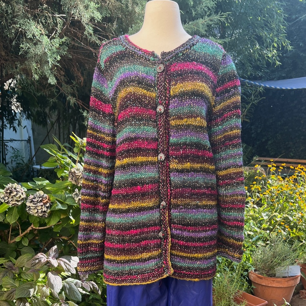 Vintage Multicolored bright stripped long sleeve knitted sweater/ cardigan